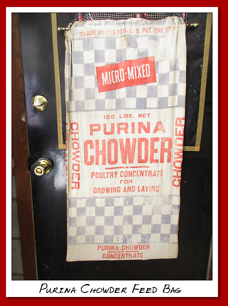 Purina Chowder Feed Bag. Circa 1950's. Double sided. Faded. 20" wide b 39" high.